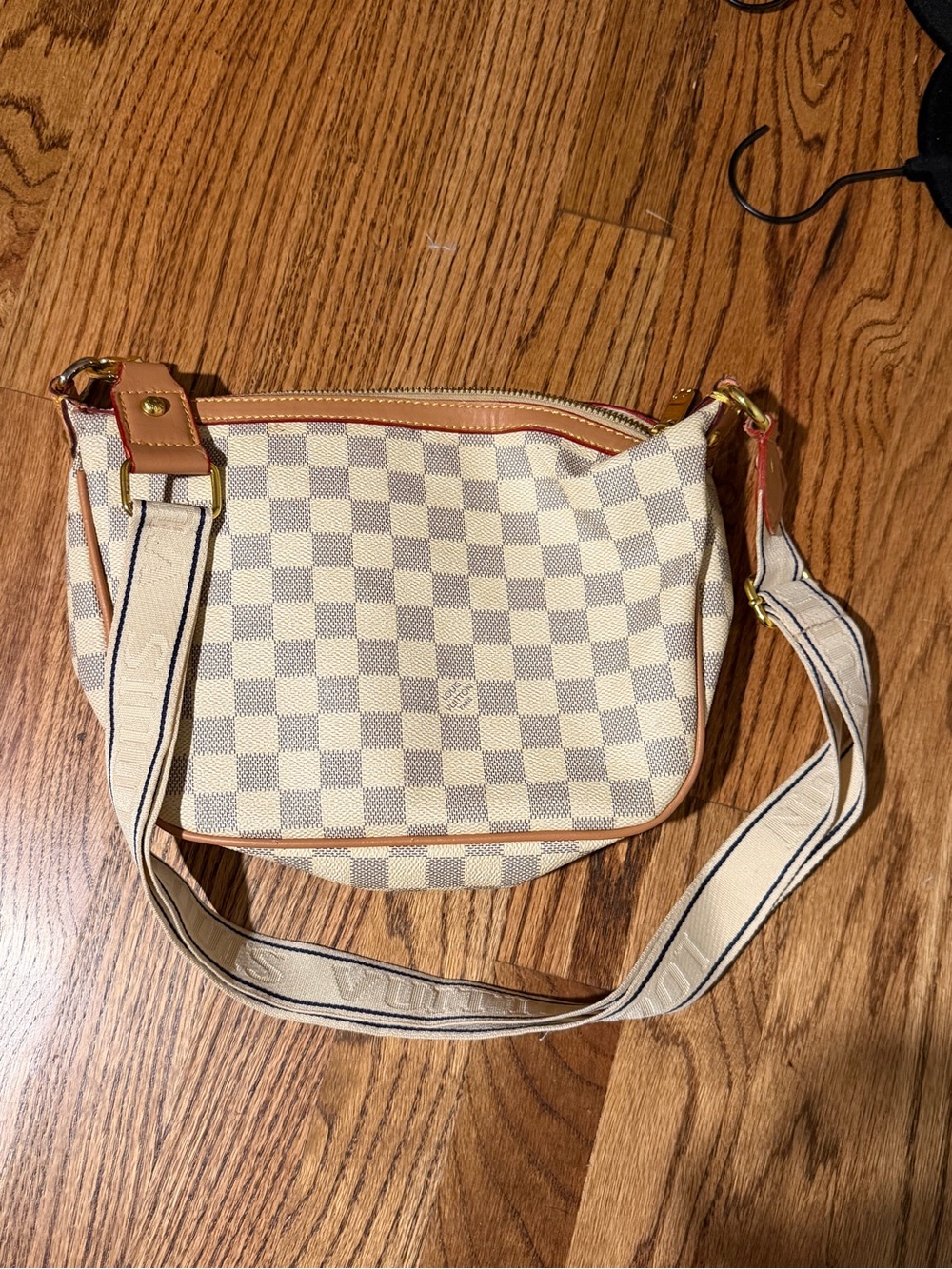 Cream Checkered LV Crossbody Shoulder Bag with Tan Trim